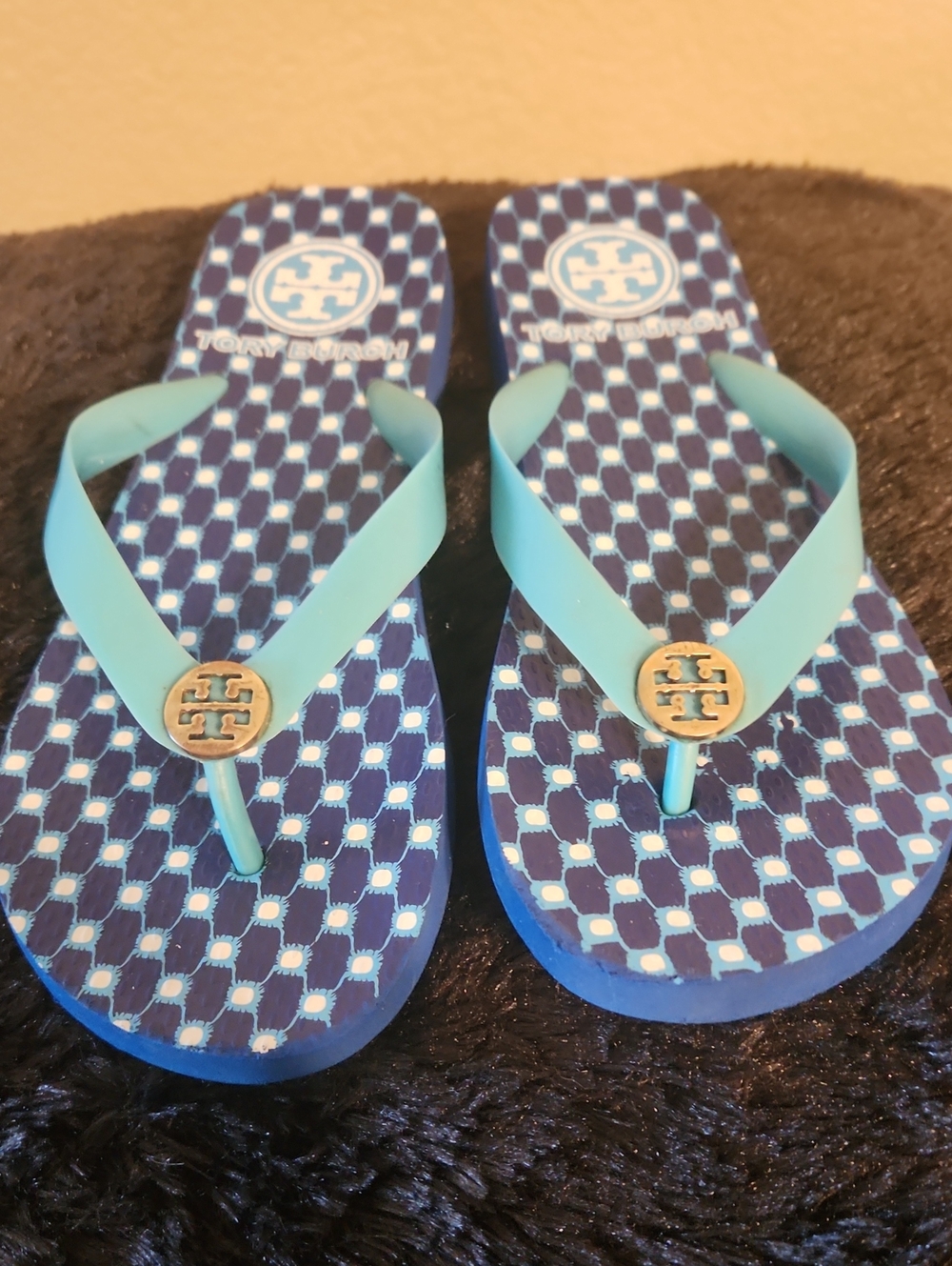 Tory Burch Kids Navy & Aqua Logo Flip Flops